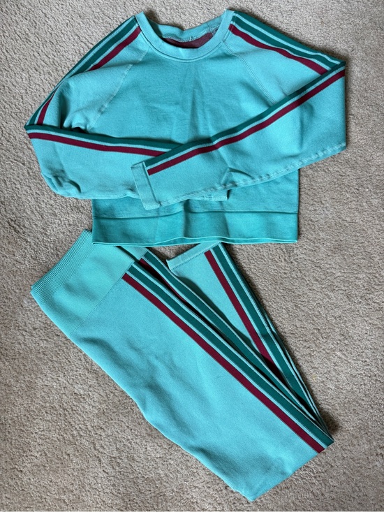 Fabletics Other - Aqua Two-Piece Knit Set with Burgundy & Forest Stripe